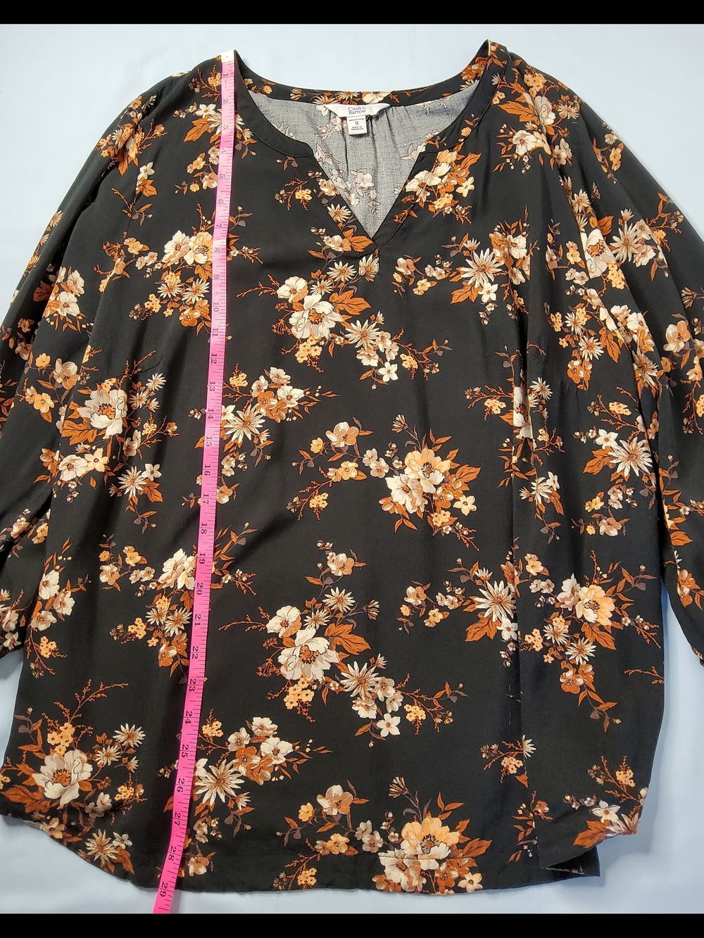 croft & barrow Black Floral V-Neck Tunic with Orange and Cream Blooms - Picture 3 of 7